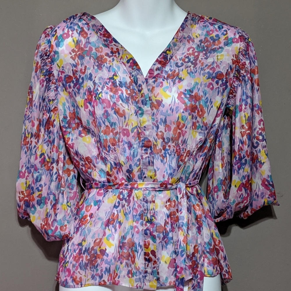 Floral cheetah print sheer button-up blouse